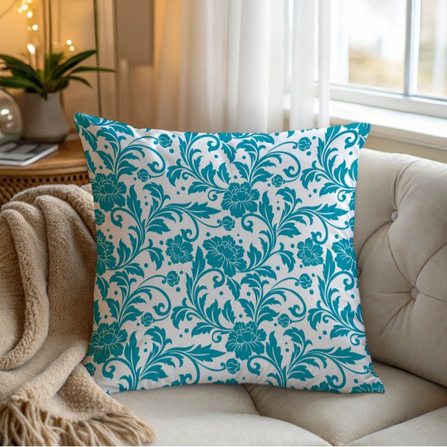 Turquoise en witte bloemendamaskpatroon kussen (Creator heeft geüpload)