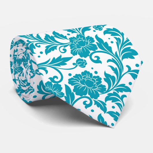 Turquoise en witte bloemendamaskpatroon stropdas (Opgerold)