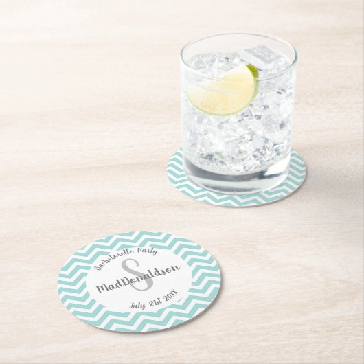 turquoise en witte chevron monogram feest ronde kartonnen onderzetter (Insitu)