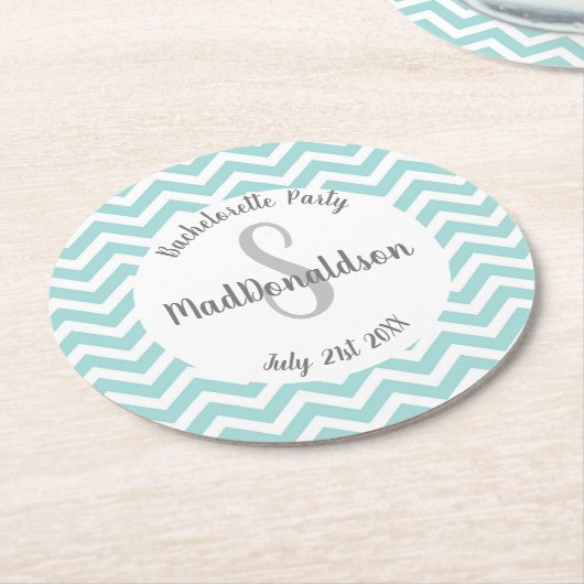 turquoise en witte chevron monogram feest ronde kartonnen onderzetter (Gebogen)