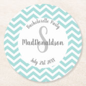 turquoise en witte chevron monogram feest ronde kartonnen onderzetter (Voorkant)