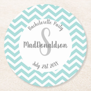 turquoise en witte chevron monogram feest ronde kartonnen onderzetter