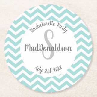 turquoise en witte chevron monogram feest ronde kartonnen onderzetter