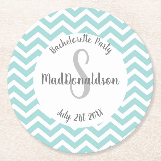 turquoise en witte chevron monogram feest ronde kartonnen onderzetter (Voorkant)
