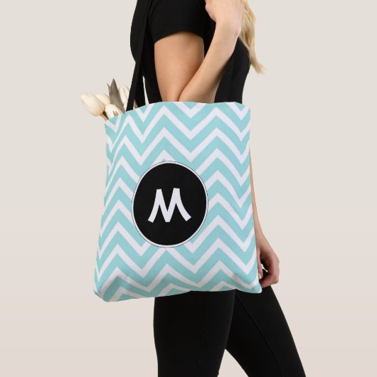 Turquoise en witte Chevron Monogram Tote Bag (Dichtbij)