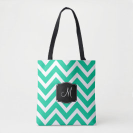 Turquoise en witte Chevron strepen met monogram Tote Bag