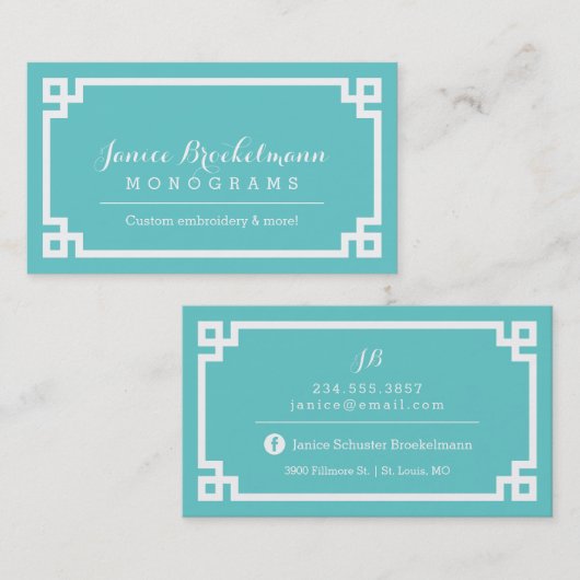 Turquoise en witte chique Griekse Key Border Visitekaartje (Voorkant / Achterkant)