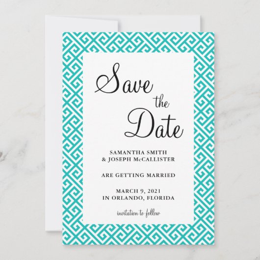 Turquoise en witte diagonale Griekse sleutelpatroo Save The Date (Voorkant)