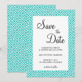 Turquoise en witte diagonale Griekse sleutelpatroo Save The Date (Voorkant / Achterkant)