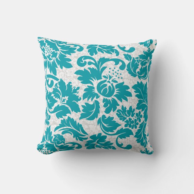 Turquoise en witte  Floral Damaskers Kussen (Voorkant)