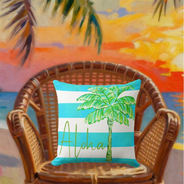 Turquoise en Witte Gestreepte Palmboom Aloha Buitenkussen (Creator heeft geüpload)