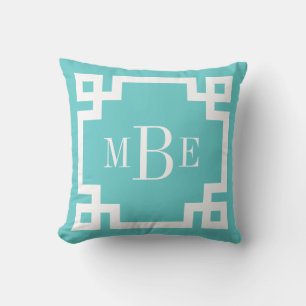 Turquoise en witte Griekse Key Monogram Kussen