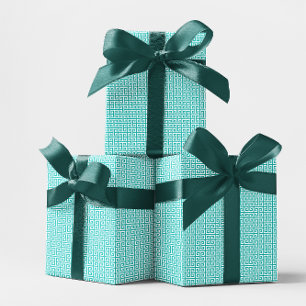 Turquoise en witte Griekse sleutelpatroon Cadeaupapier