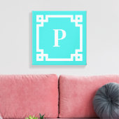 Turquoise en witte Griekse sleutelrand monogram Canvas Afdruk (Insitu (Woonkamer))