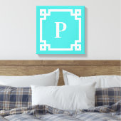 Turquoise en witte Griekse sleutelrand monogram Canvas Afdruk (Insitu (Slaapkamer))
