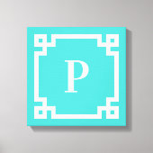 Turquoise en witte Griekse sleutelrand monogram Canvas Afdruk (Voorkant)