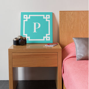 Turquoise en witte Griekse sleutelrand monogram Canvas Afdruk