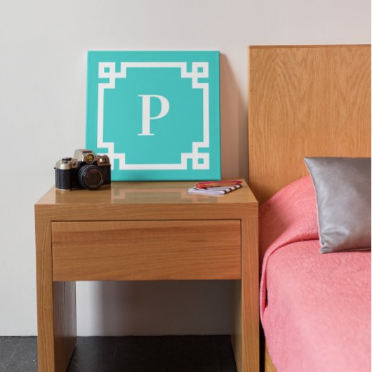 Turquoise en witte Griekse sleutelrand monogram Canvas Afdruk