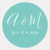 Turquoise en witte monogram elegante bruiloft ronde sticker (Voorkant)