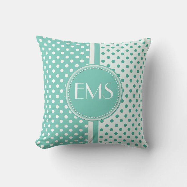 Turquoise en witte Polka Dot Monogram Kussen (Voorkant)