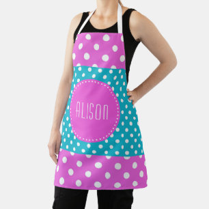 Turquoise en witte polka dots met roze monogram schort