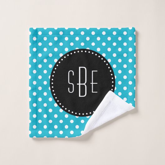 Turquoise en witte polka dots met zwart monogram bad handdoek (Wasdoekje)