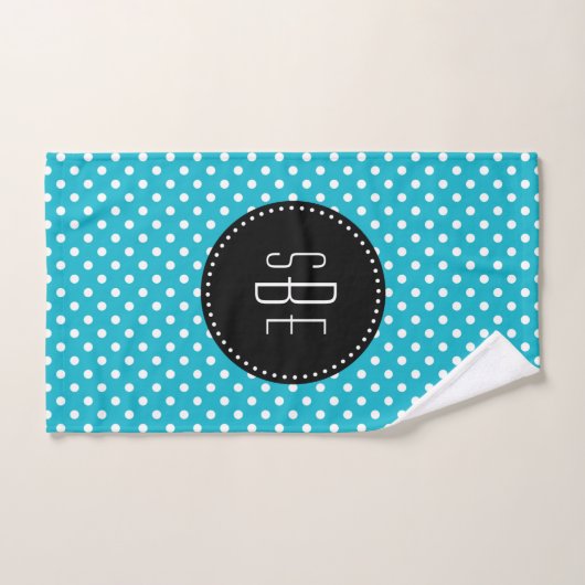 Turquoise en witte polka dots met zwart monogram bad handdoek (Handdoek)