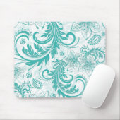 Turquoise en witte retro bloemen & wervelingen ont muismat (Met muis)