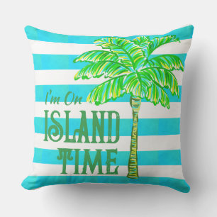 Turquoise en witte streep Palm Tree Island Tijd Buitenkussen