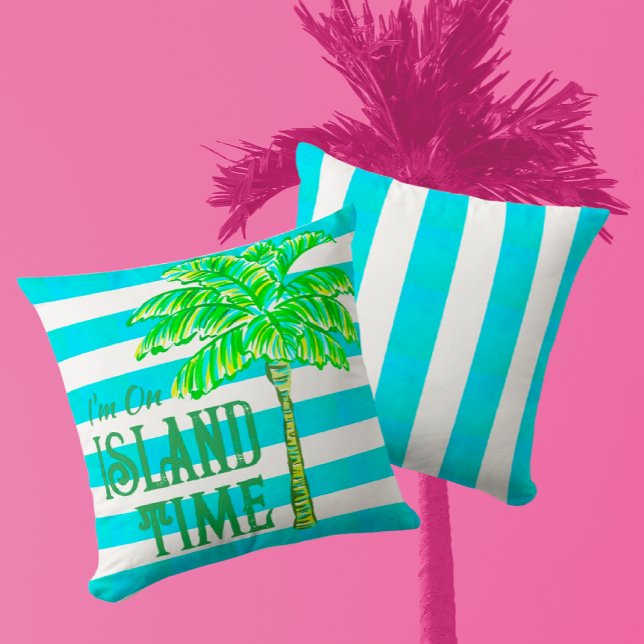 Turquoise en witte streep Palm Tree Island Tijd Buitenkussen (The best time is Island Time!)