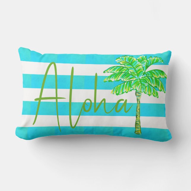 Turquoise en witte streep palmboom Aloha Buitenkussen (Voorkant)
