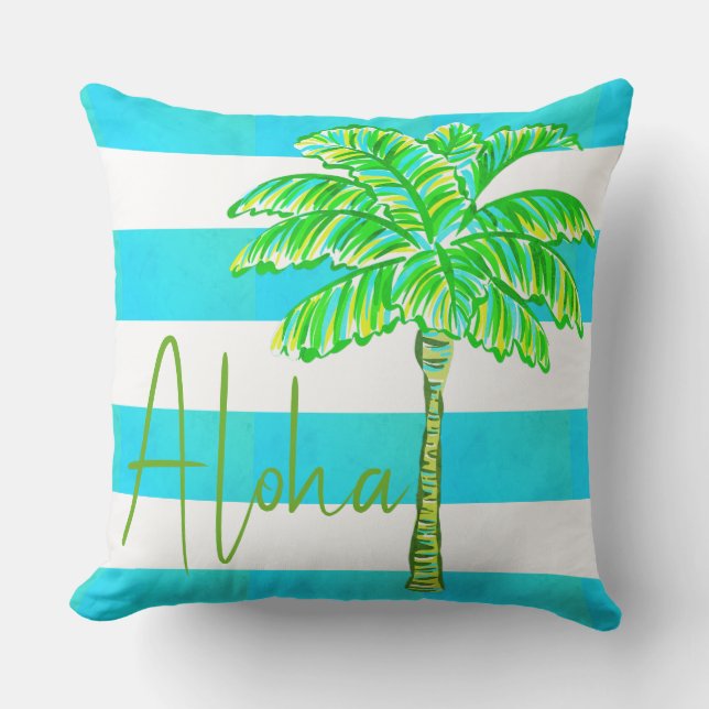 Turquoise en witte streep palmboom Aloha Buitenkussen (Voorkant)