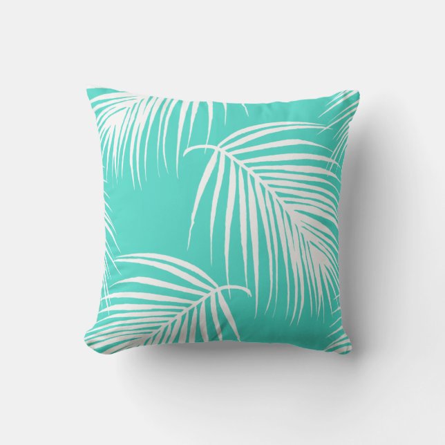 Turquoise en witte tropische palm kussen (Voorkant)