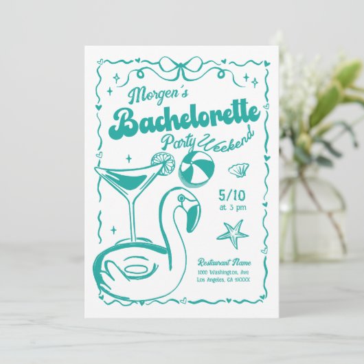 Turquoise en witte vrijgezellenfeest kaart (Staand voorkant)