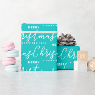 Turquoise en witte vrolijk kerstfeest woordkunst cadeaupapier