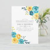 Turquoise en Yellow Floral Engagement Party Kaart (Staand voorkant)