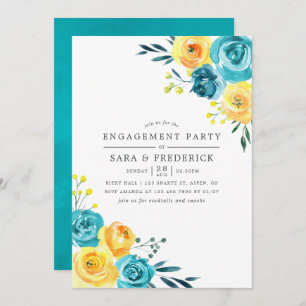 Turquoise en Yellow Floral Engagement Party Kaart