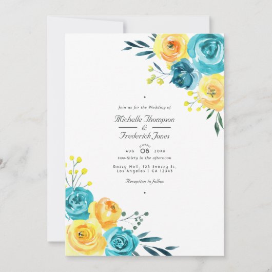Turquoise en Yellow Floral QR Code RSVP Weddenscha Kaart (Voorkant)