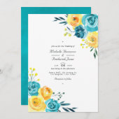 Turquoise en Yellow Floral QR Code RSVP Weddenscha Kaart (Voorkant / Achterkant)
