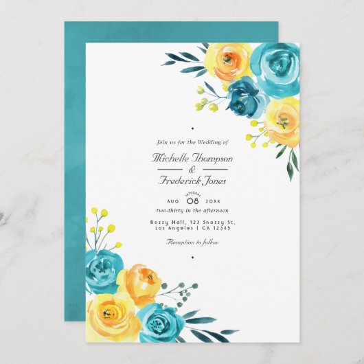 Turquoise en Yellow Floral QR Code RSVP Weddenscha Kaart (Voorkant / Achterkant)