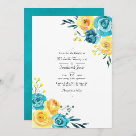 Turquoise en Yellow Floral QR Code RSVP Weddenscha Kaart