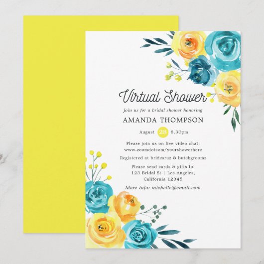 Turquoise en Yellow Floral Virtual Vrijgezellenfee Kaart (Voorkant / Achterkant)