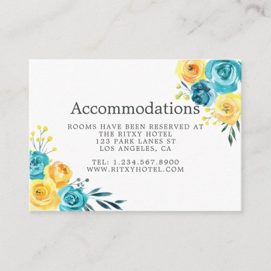 Turquoise en Yellow Floral Wedding Accommodations Informatiekaartje (Voorkant)