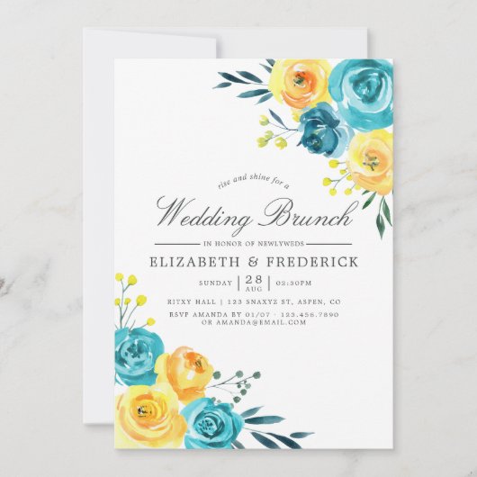 Turquoise en Yellow Floral Wedding Brunch Aankondiging (Voorkant)