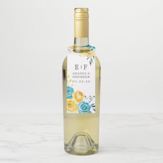 Turquoise en Yellow Floral Wedding Favor Flessenhanger (Op fles)