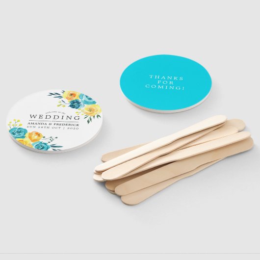 Turquoise en Yellow Floral Wedding Favor Handwaaier (Niet-gemonteerd)