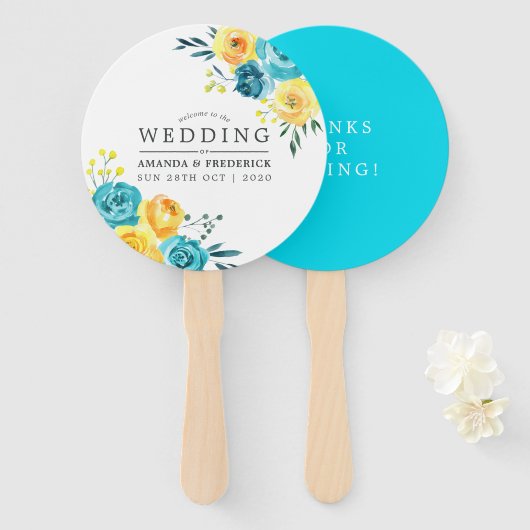 Turquoise en Yellow Floral Wedding Favor Handwaaier (Voorkant en achterkant)