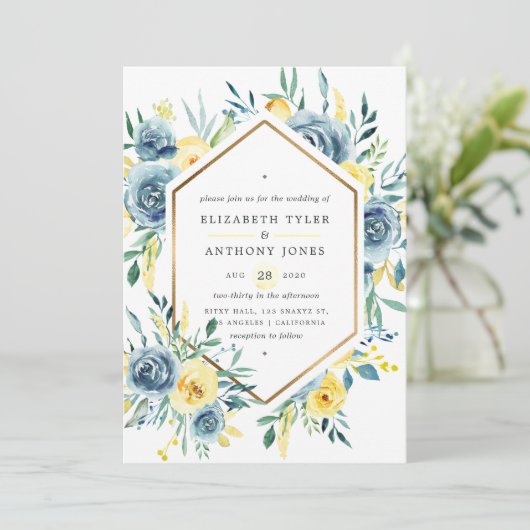 Turquoise en Yellow Floral Wedding Kaart (Staand voorkant)