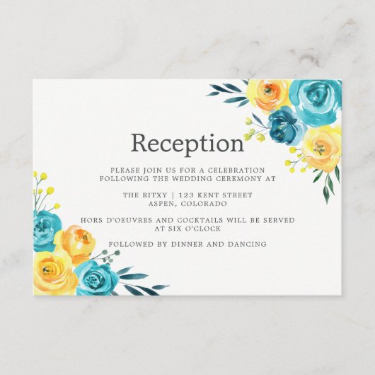 Turquoise en Yellow Floral Wedding Reception Informatiekaartje (Voorkant)
