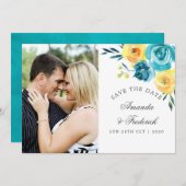Turquoise en Yellow Floral Wedding Save the Date (Voorkant / Achterkant)